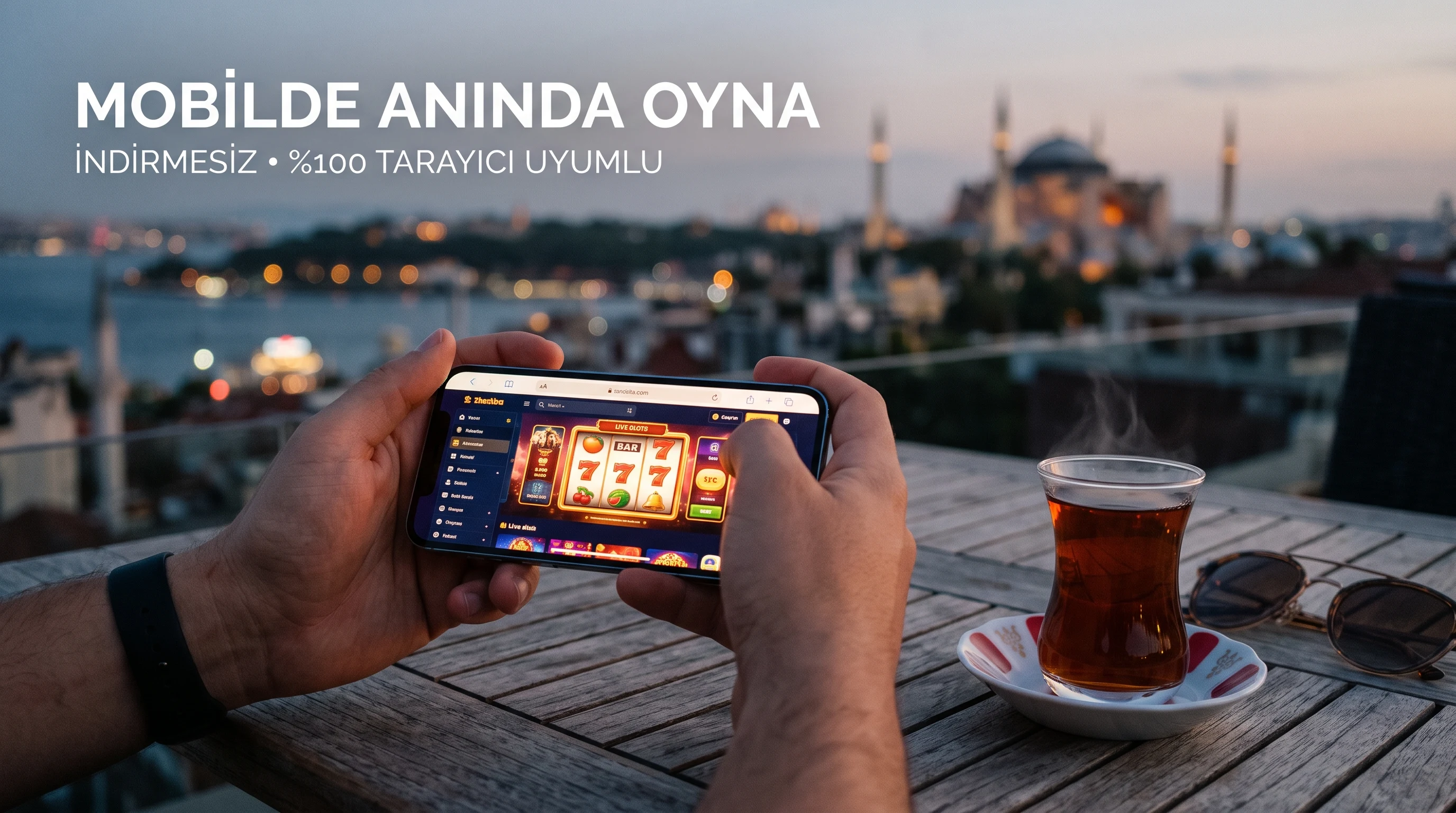 Akıllı telefon tarayıcısında indirmesiz Pinco mobil slot oyunu ve İstanbul manzarası